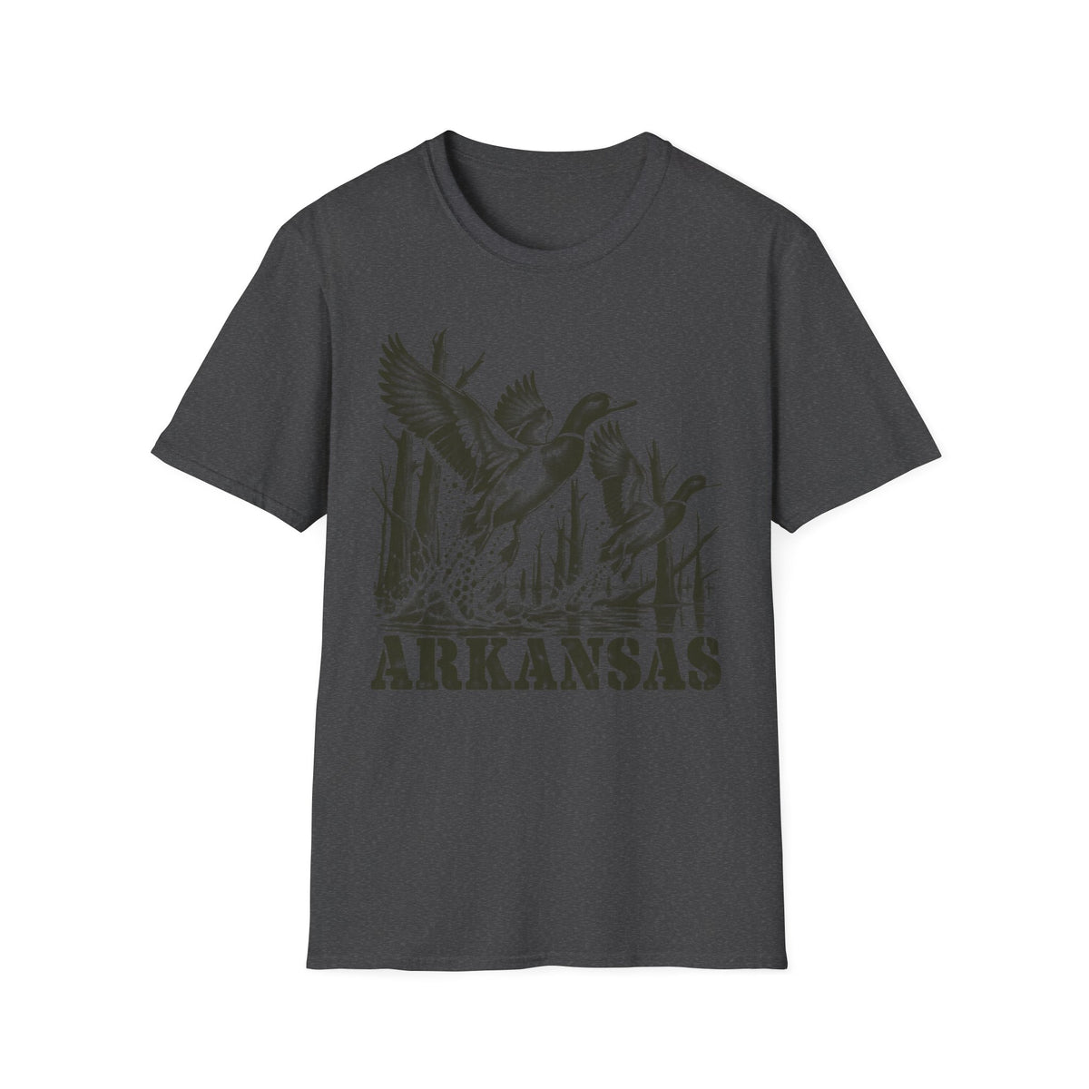 Charcoal crewneck T-shirt with Arkansas duck graphic print on front