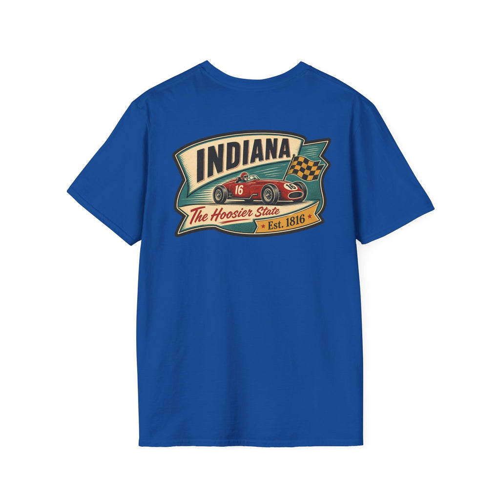 Indiana Hoosier State graphic tee in royal blue with vintage front logo