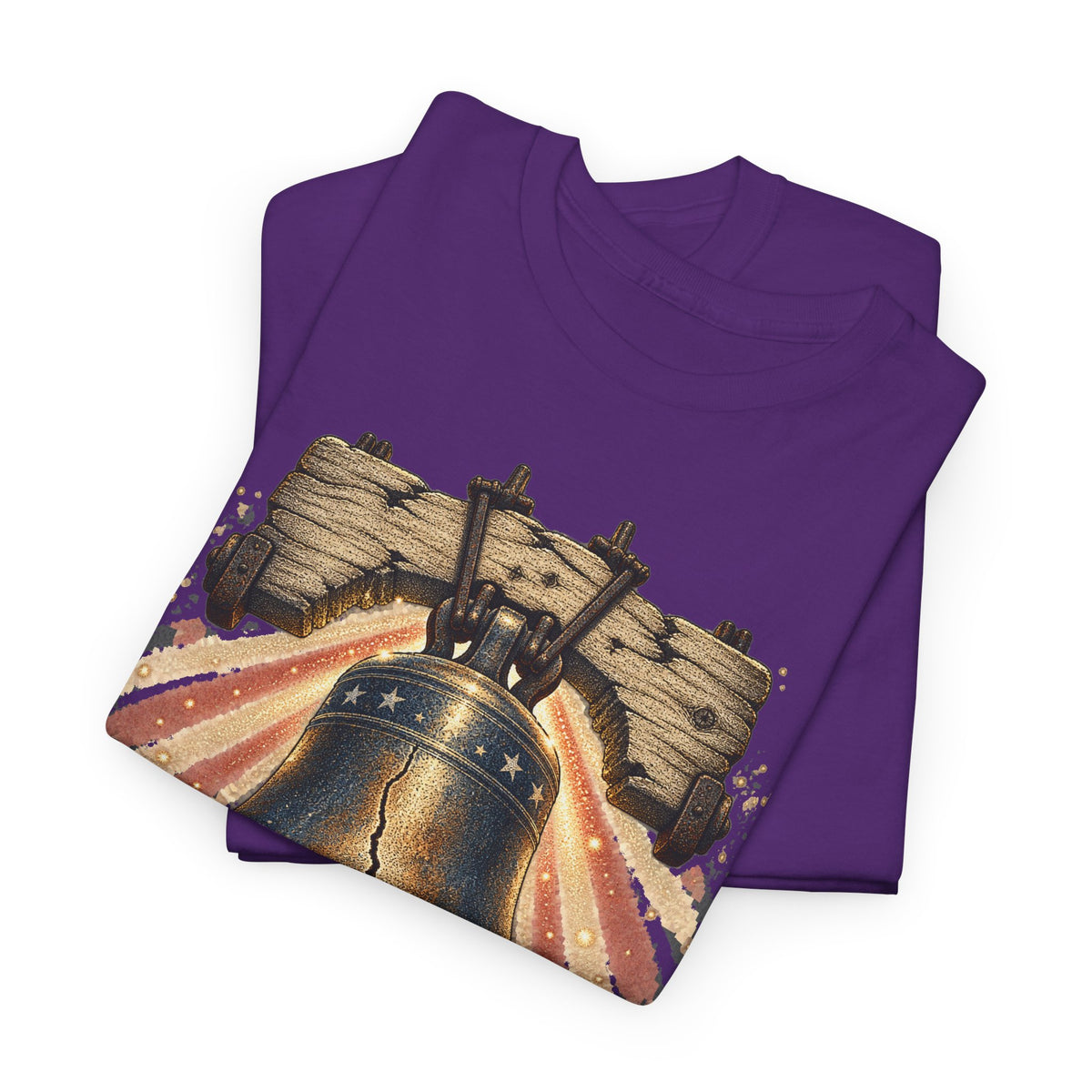 Purple short-sleeve T-shirt with Liberty Bell scenic graphic, crew neck