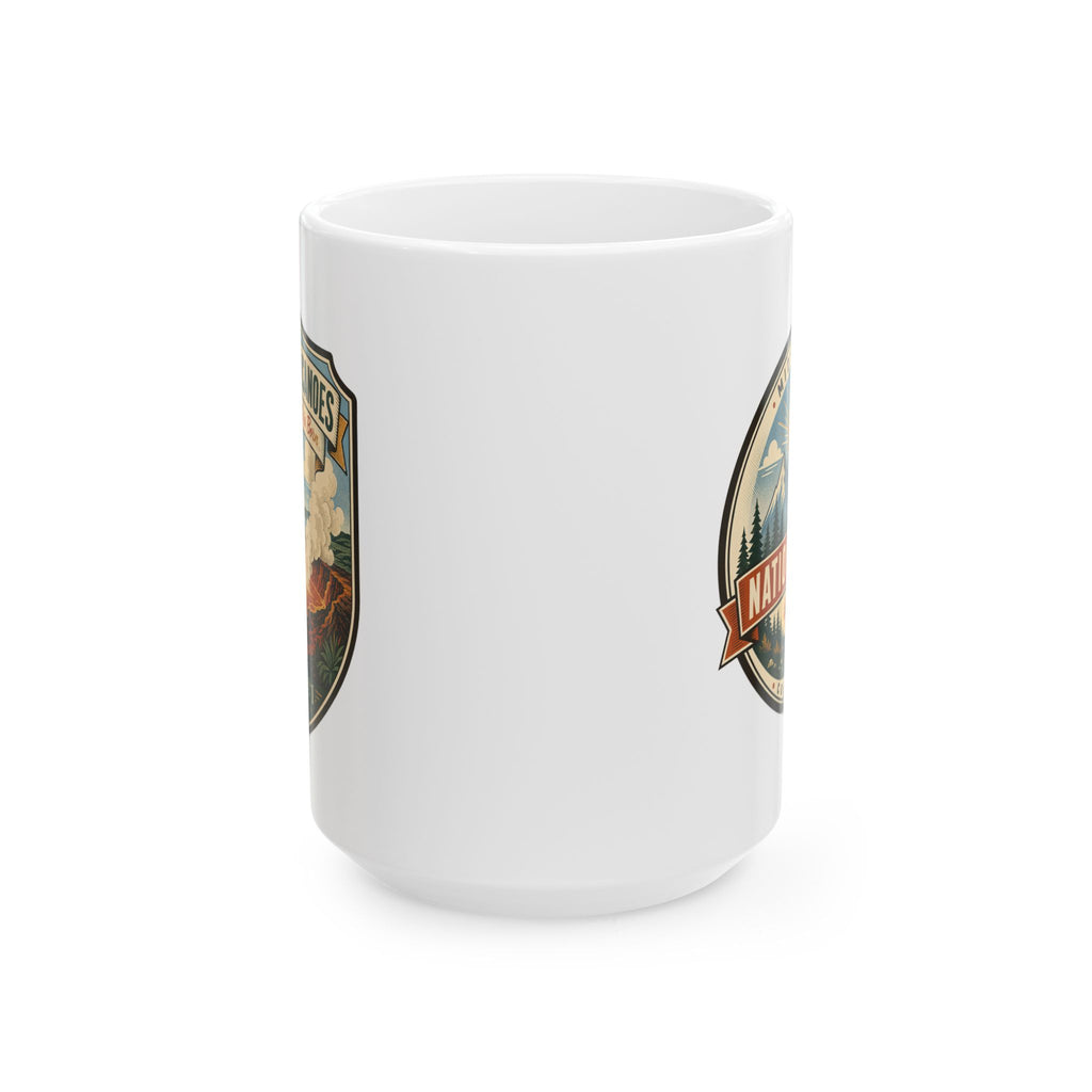 White ceramic mug with colorful Hawaii Volcanoes logo graphic on the side