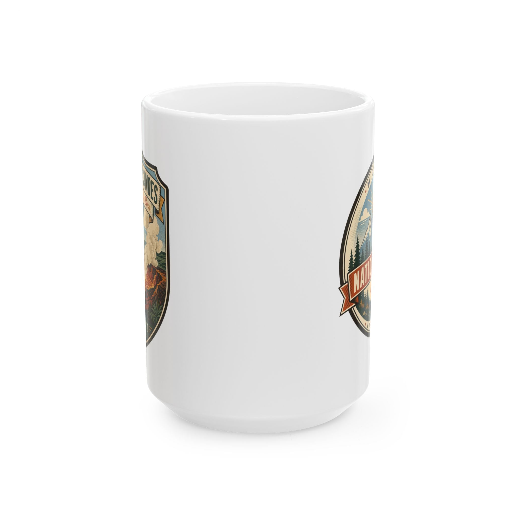 White ceramic mug with colorful Hawaii Volcanoes logo graphic on the side