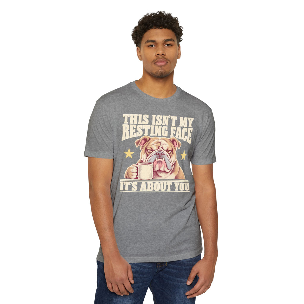 Gray t-shirt with bulldog graphic and “IT’S ABOUT YOU” text on front