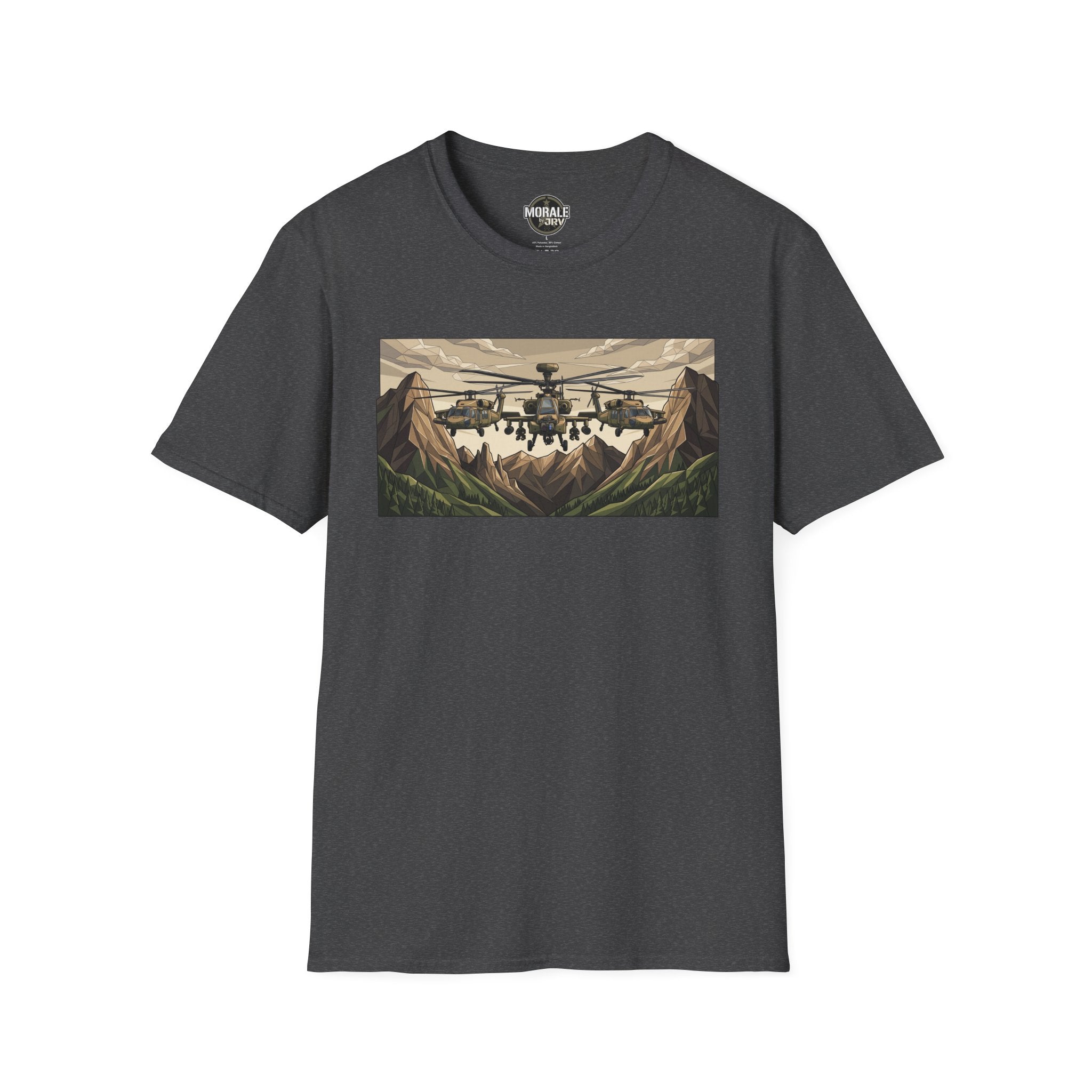 Attack Helicopter T-Shirt in Dark Heather with mountain helicopter graphic front