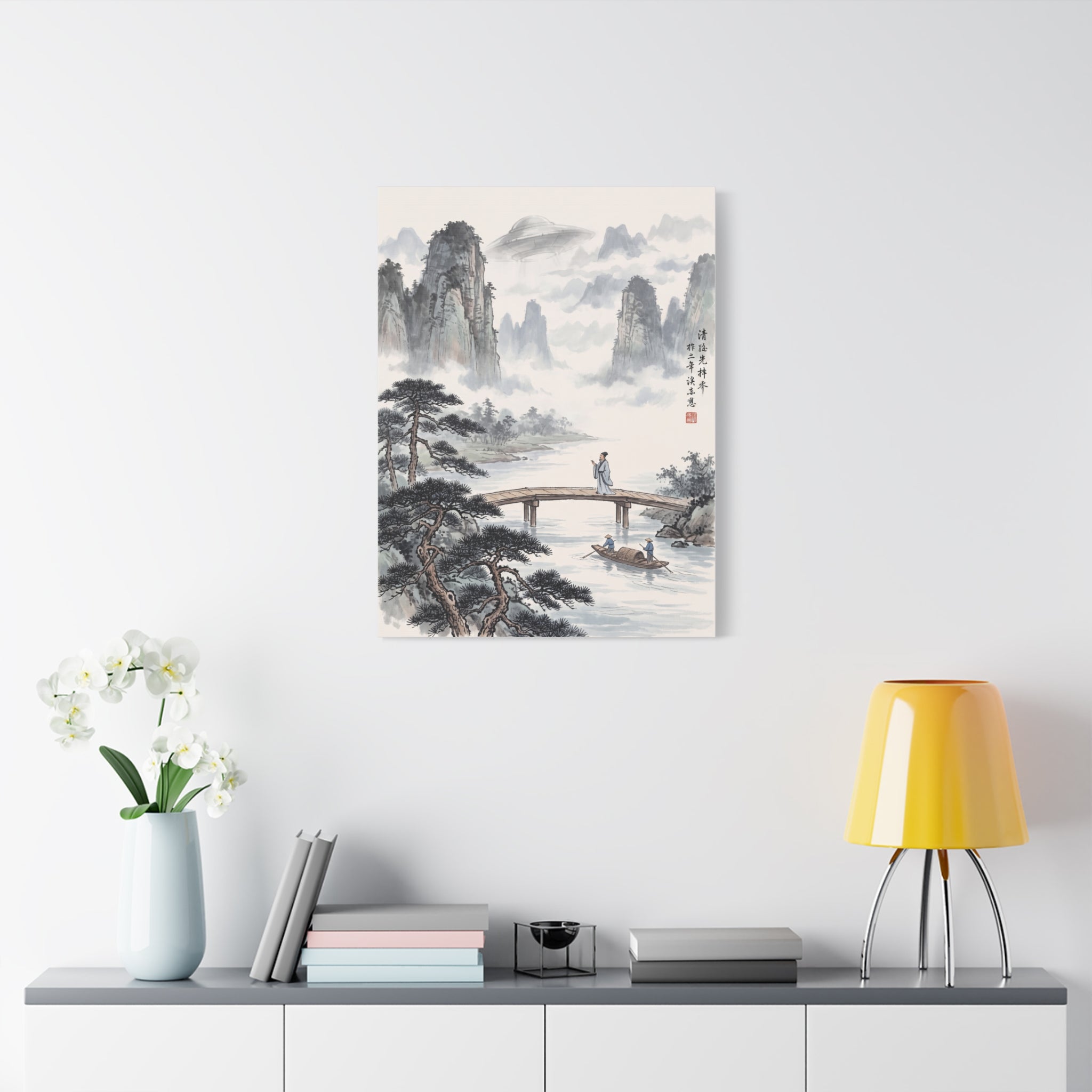 Square landscape wall art print featuring misty mountains, lake scene, and bridge