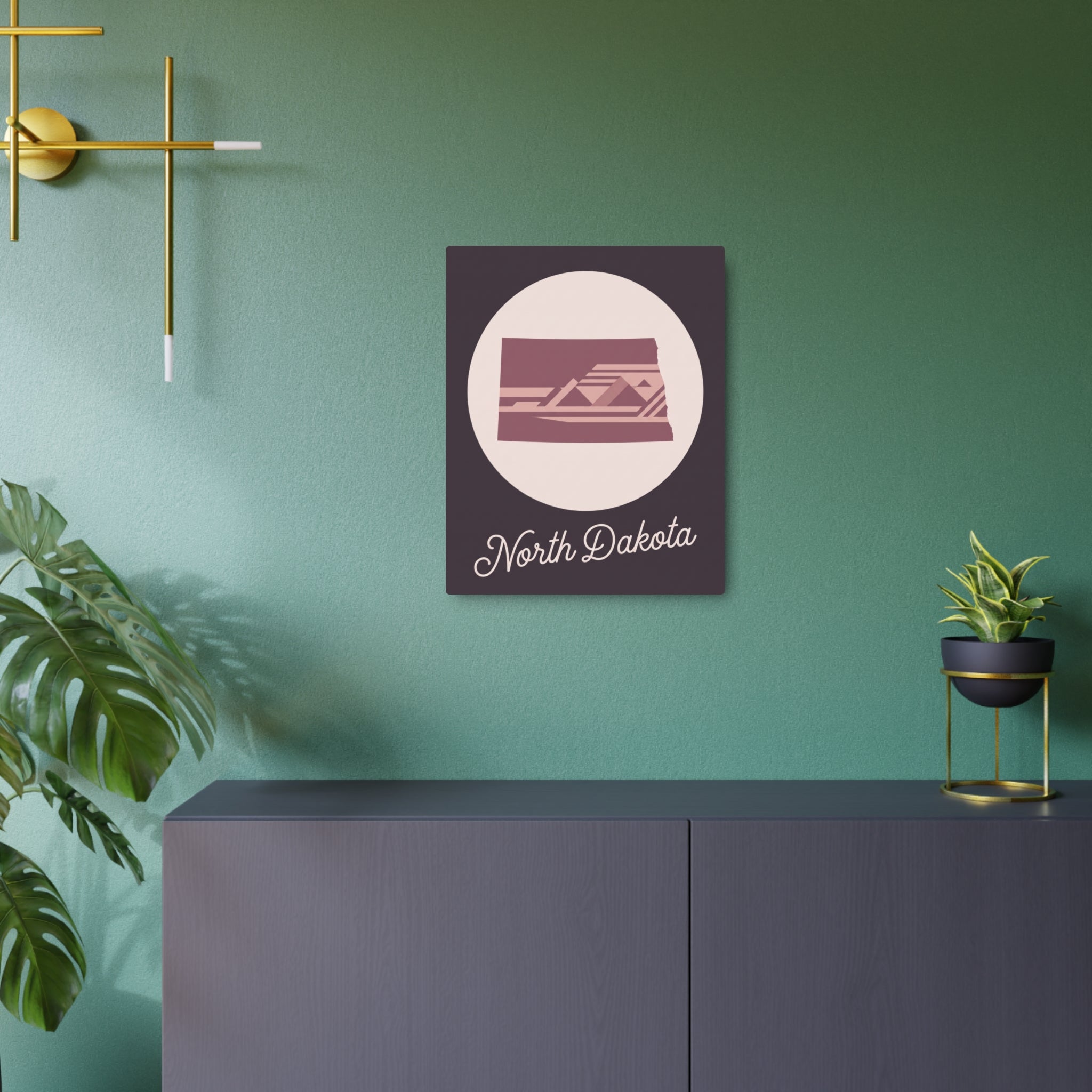 Mauve metal wall art sign with North Dakota silhouette in a round emblem