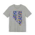 Heather gray crewneck t-shirt with blue and gold Nevada map graphic