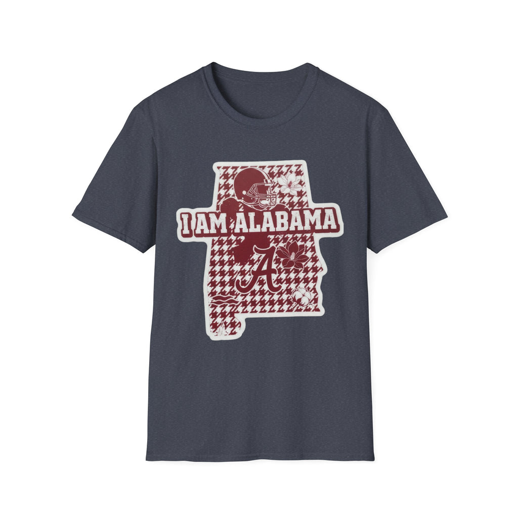 I Am Alabama houndstooth graphic T-shirt, Heather Navy, maroon-and-white state logo