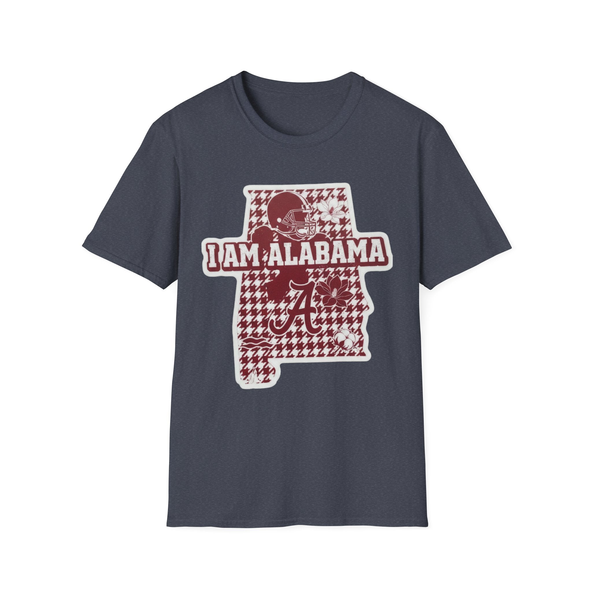 I Am Alabama houndstooth graphic T-shirt, Heather Navy, maroon-and-white state logo