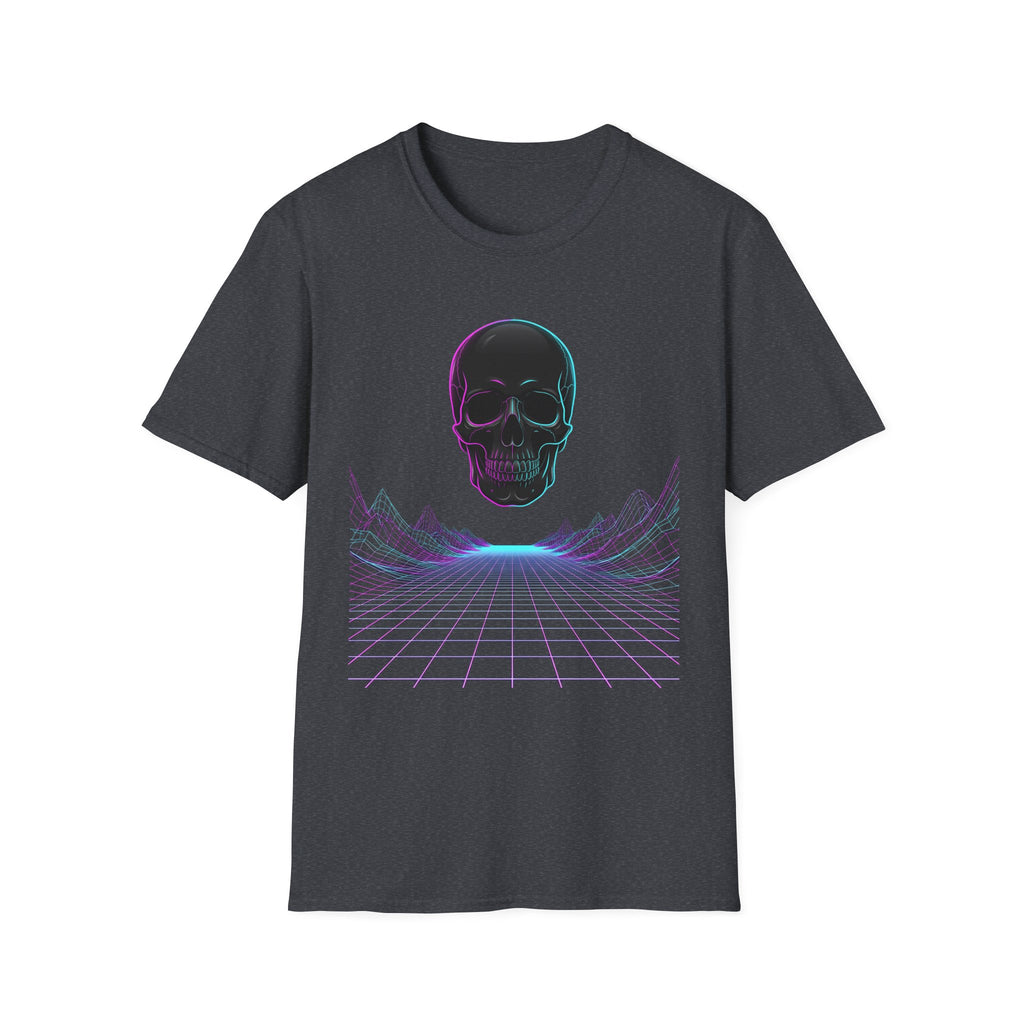 Neon skull T-shirt, charcoal front with neon skull and purple grid perspective lines