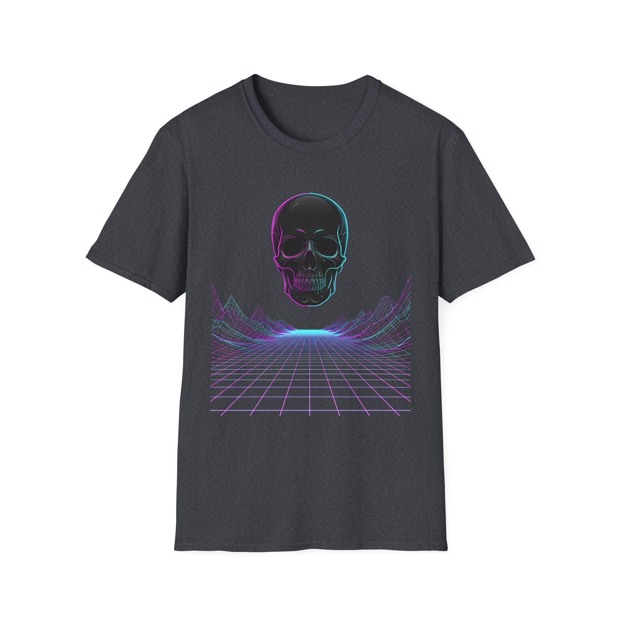 Neon skull T-shirt, charcoal front with neon skull and purple grid perspective lines