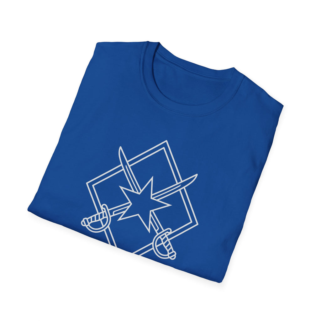 Royal blue T-shirt with star, crossed swords, and ribbon text graphic