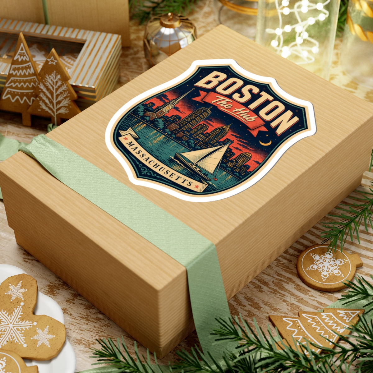 Boston “The Hub” luggage tag sticker on gift box lid, shield with sailboat and skyline