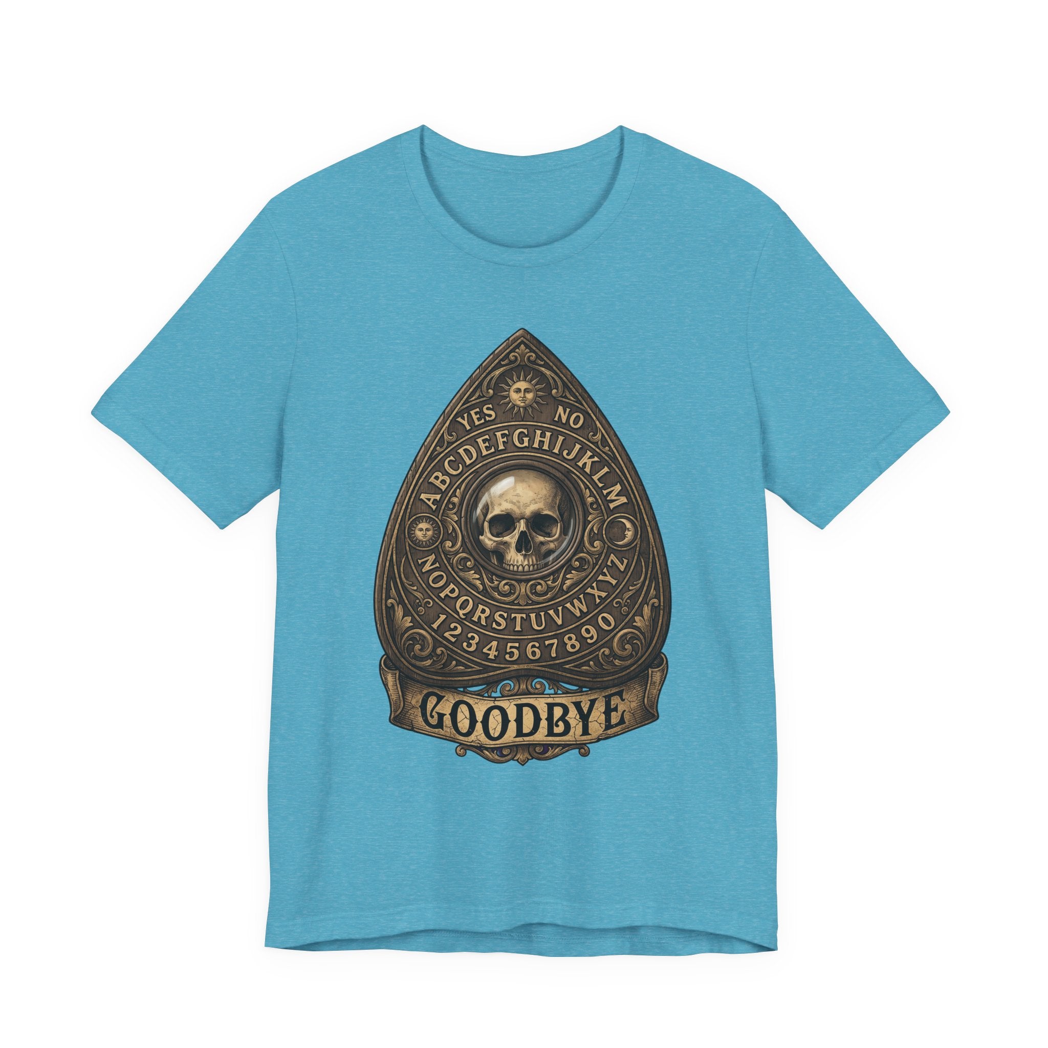 Ouija planchette skull T-shirt, heather aqua fabric, gold “GOODBYE” graphic centered