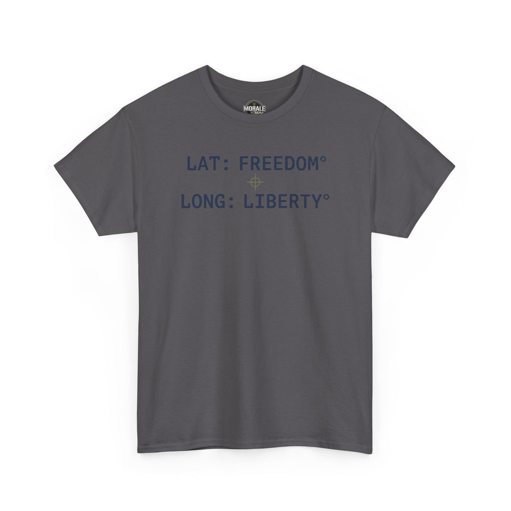 Dark gray unisex T-shirt with LAT: FREEDOM and LONG: LIBERTY text