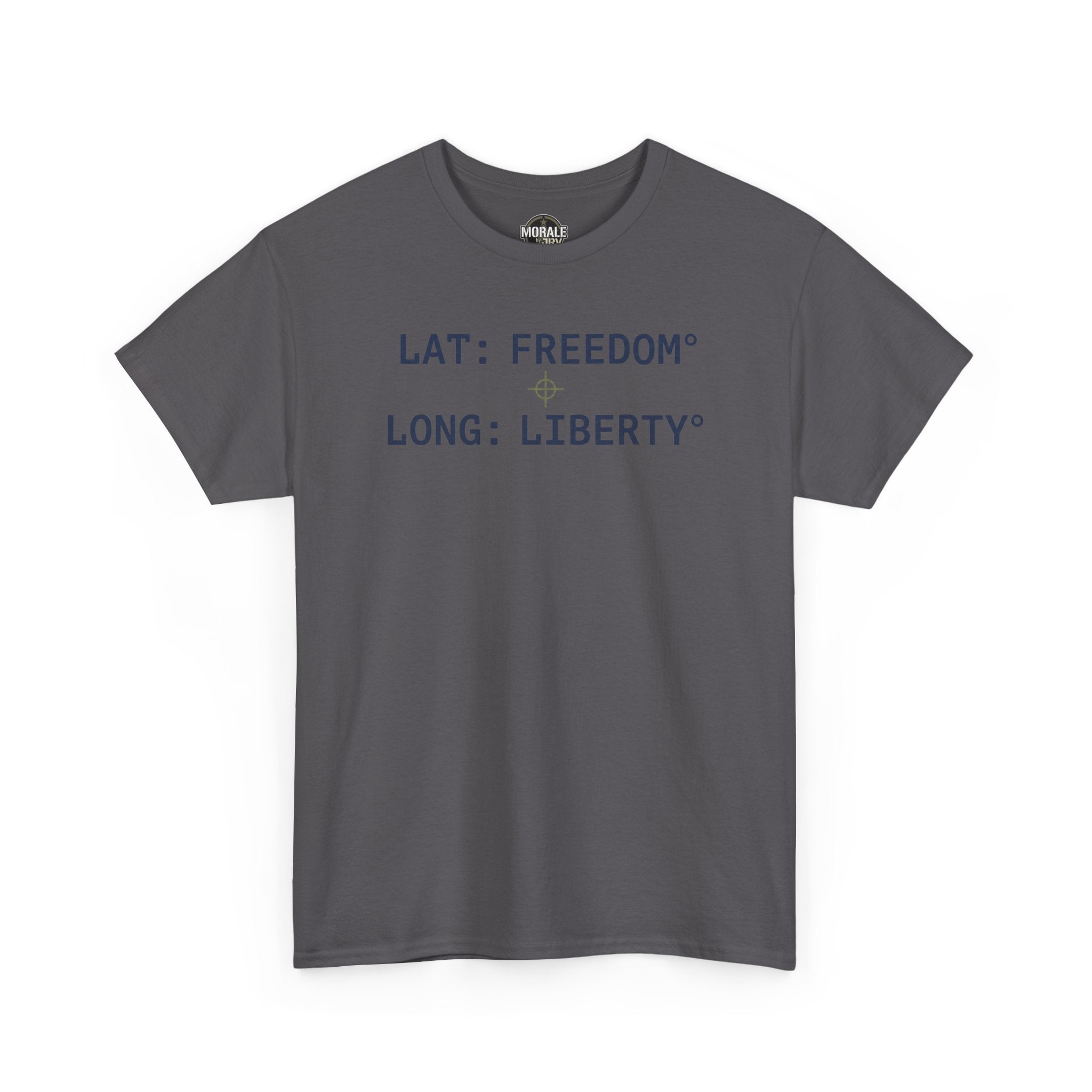 Dark gray unisex T-shirt with LAT: FREEDOM and LONG: LIBERTY text
