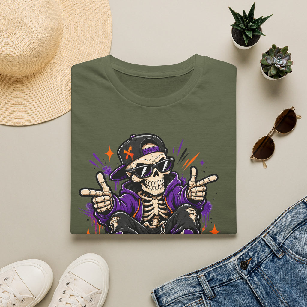 Olive green Skeleton DJ T-shirt with skull wearing headphones and purple handsign graphic print