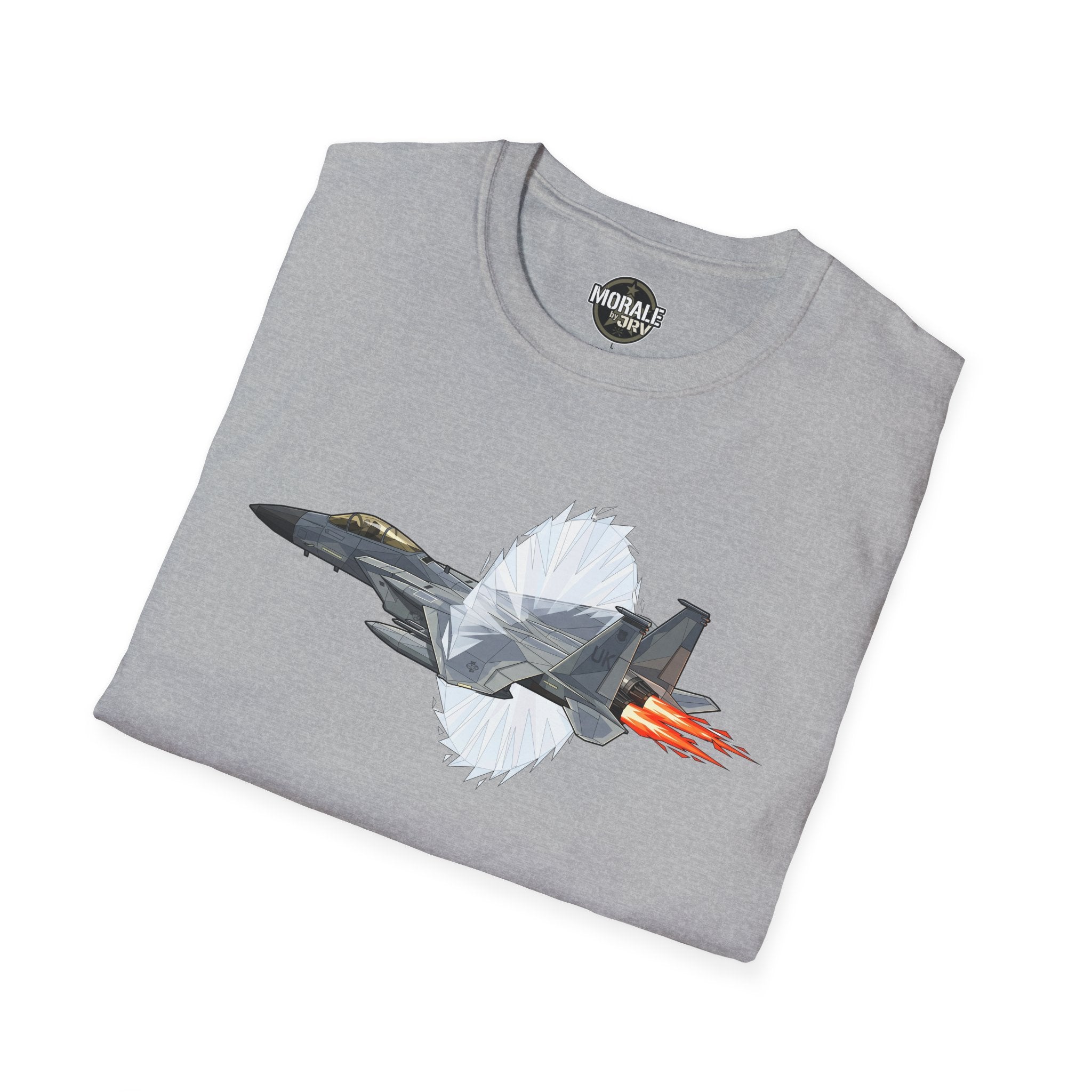 Sport Grey Fighter Jet Afterburner T‑Shirt with jet and orange flame graphic