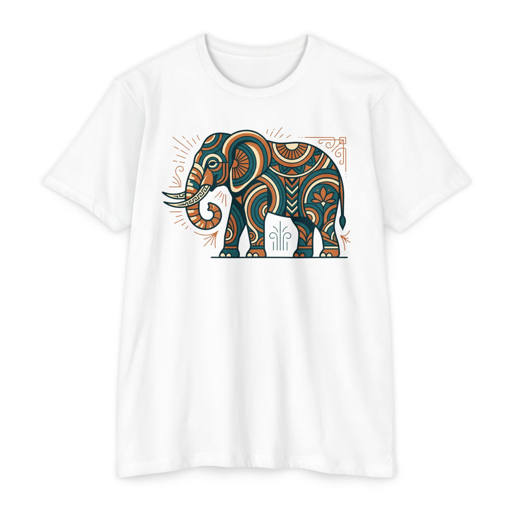 White T-shirt with colorful elephant graphic on the chest, crew neck, short sleeves.