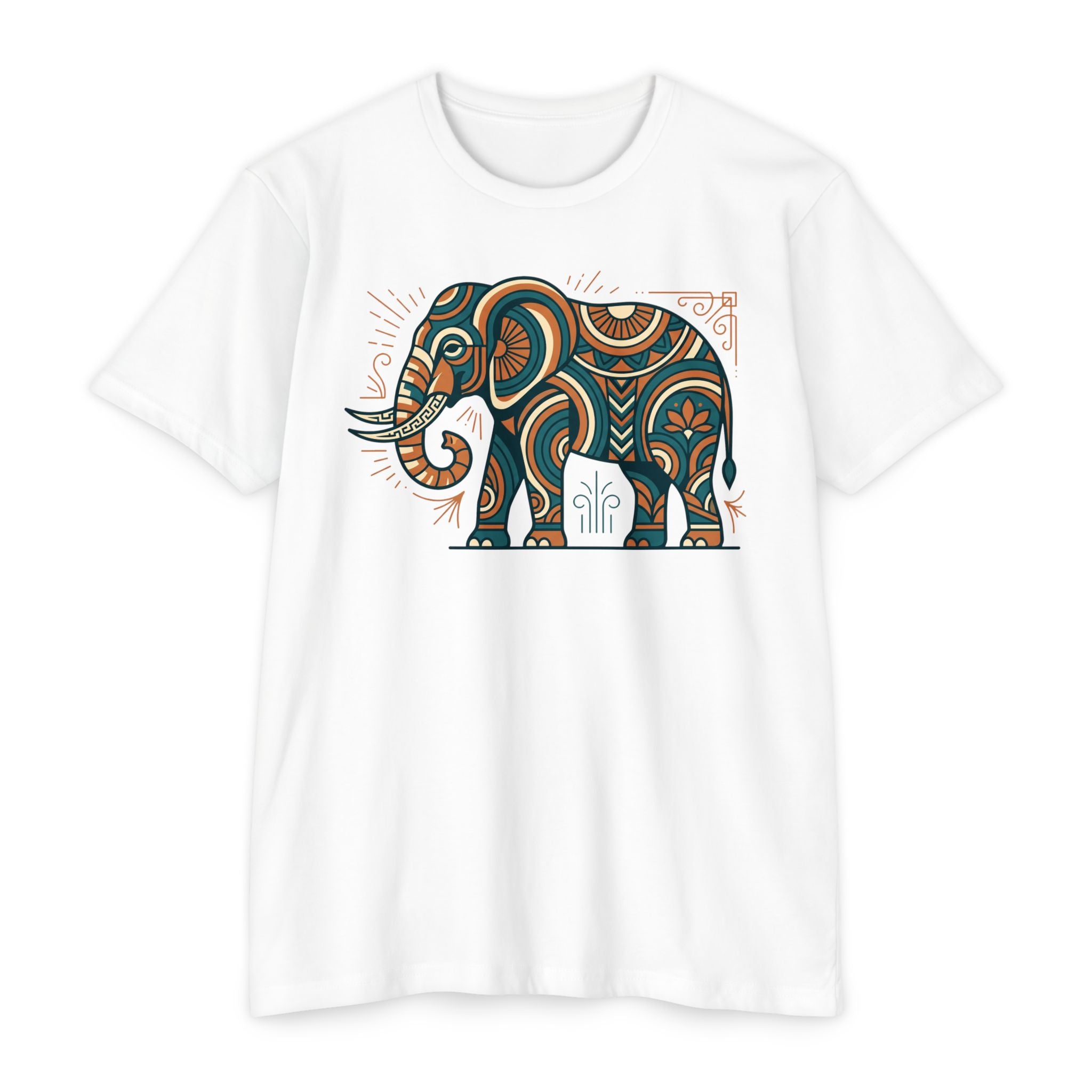 White T-shirt with colorful elephant graphic on the chest, crew neck, short sleeves.
