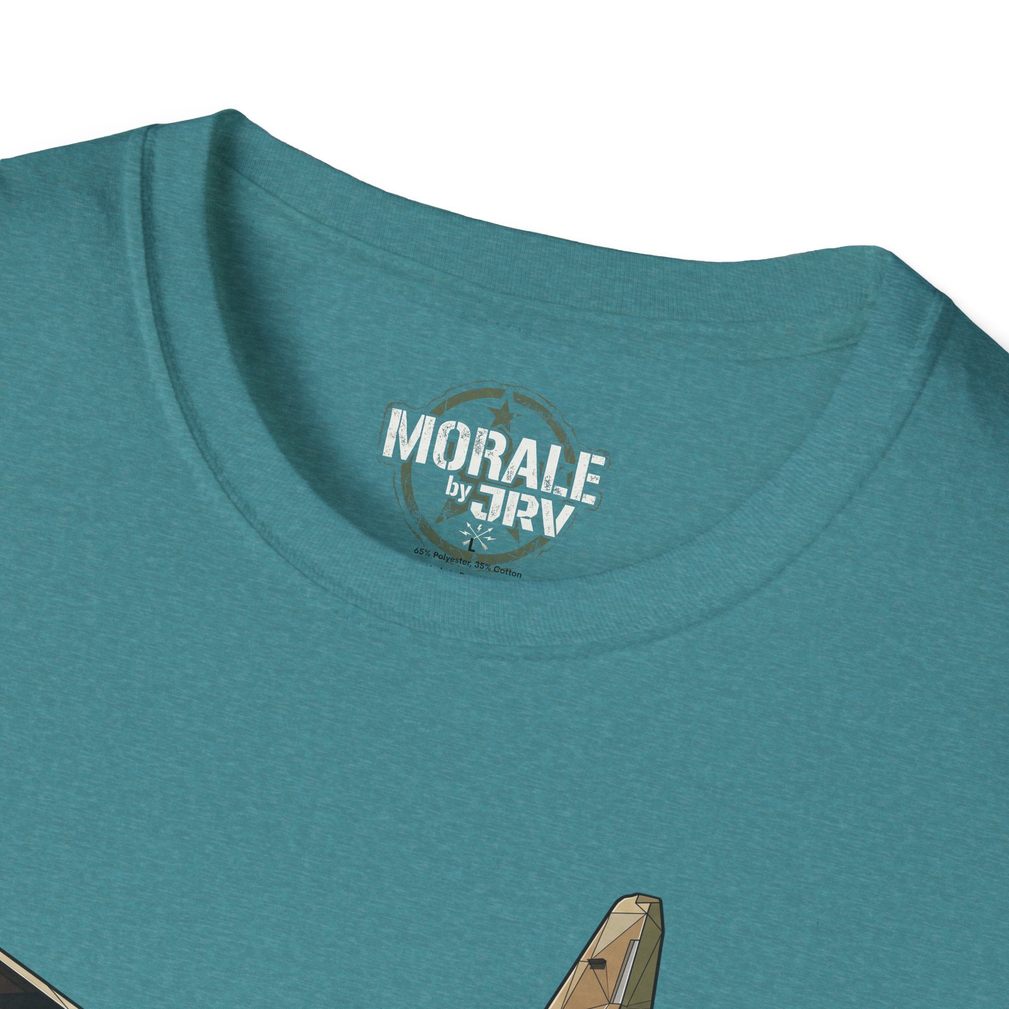 Heather Military Green T-shirt collar logo print and top portion of plane graphic
