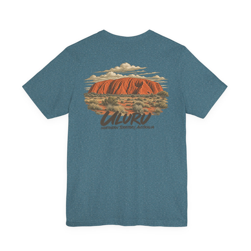 Teal travel T-shirt with large Uluru landscape graphic centered on the back