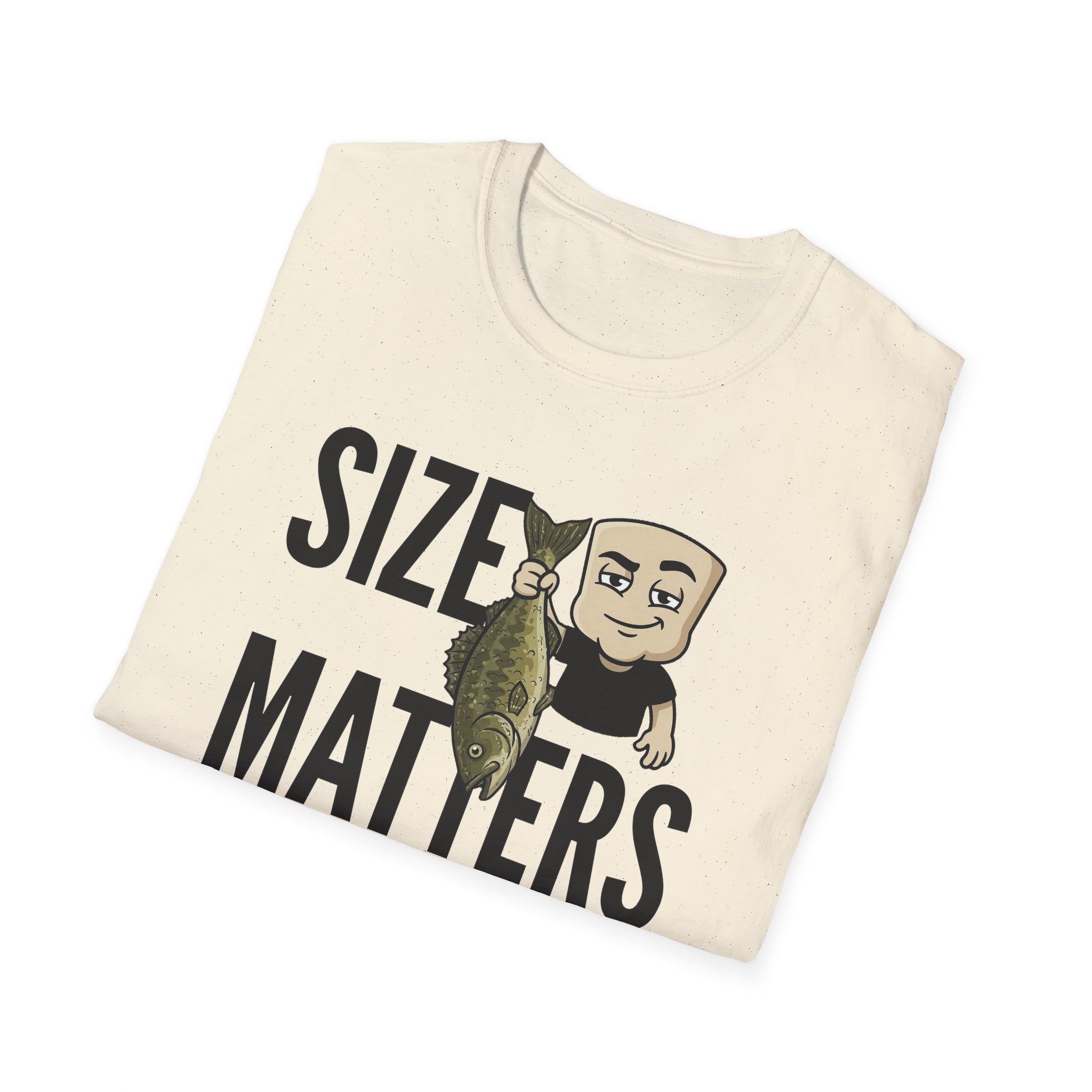Natural off-white T-shirt with “SIZE MATTERS” graphic of a man holding a fish