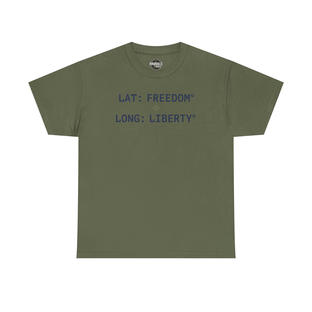 Military green T-shirt with "LAT: FREEDOM" and "LONG: LIBERTY" graphic