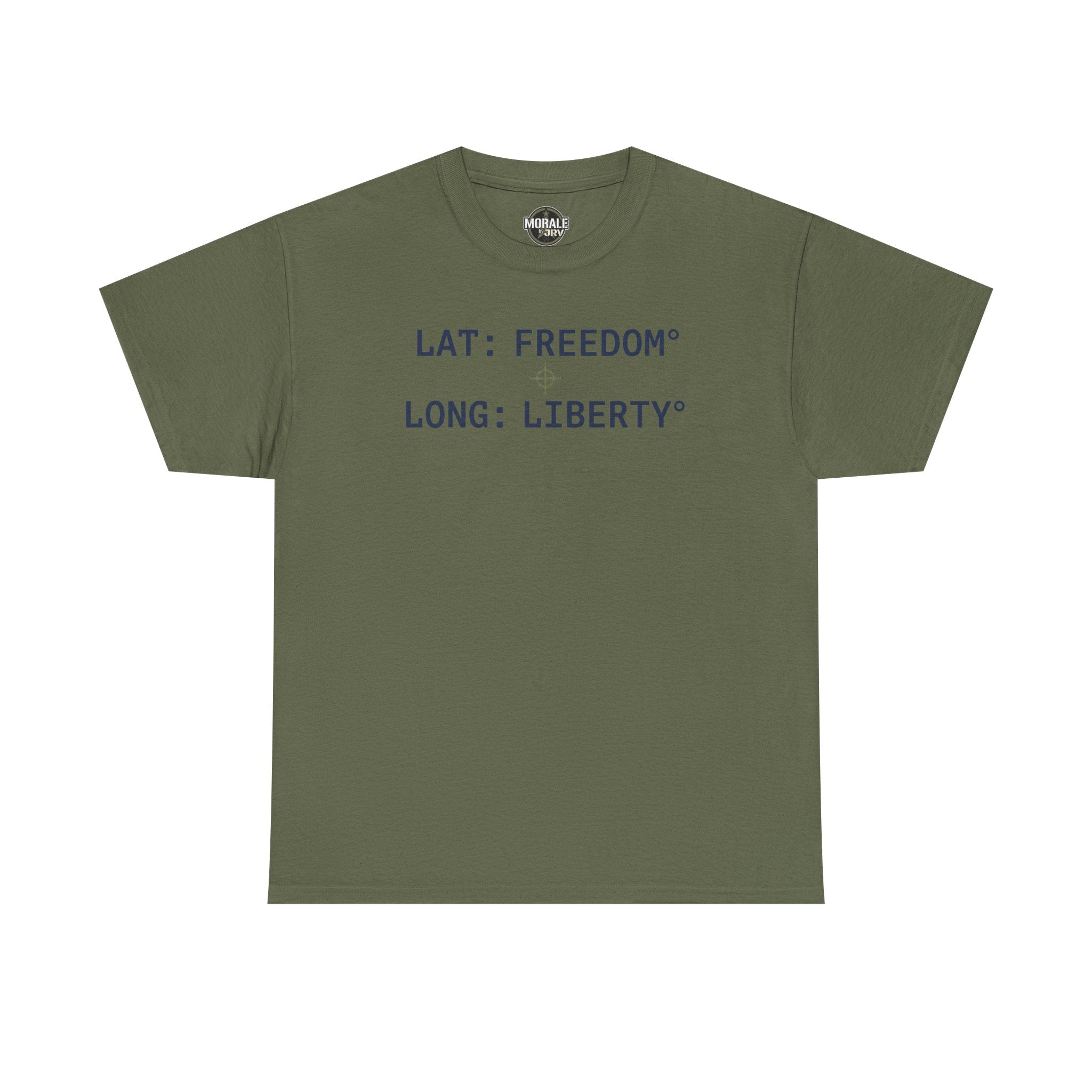 Military green T-shirt with "LAT: FREEDOM" and "LONG: LIBERTY" graphic