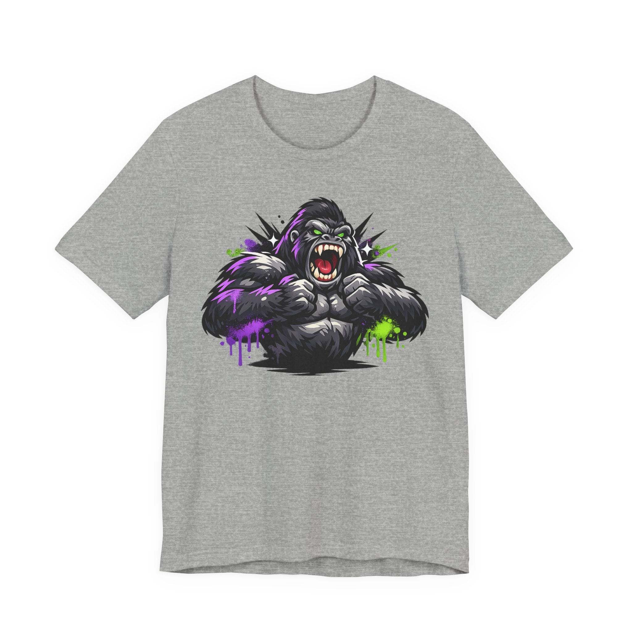 Gray graphic gorilla tee with roaring ape illustration and purple/green neon paint drips