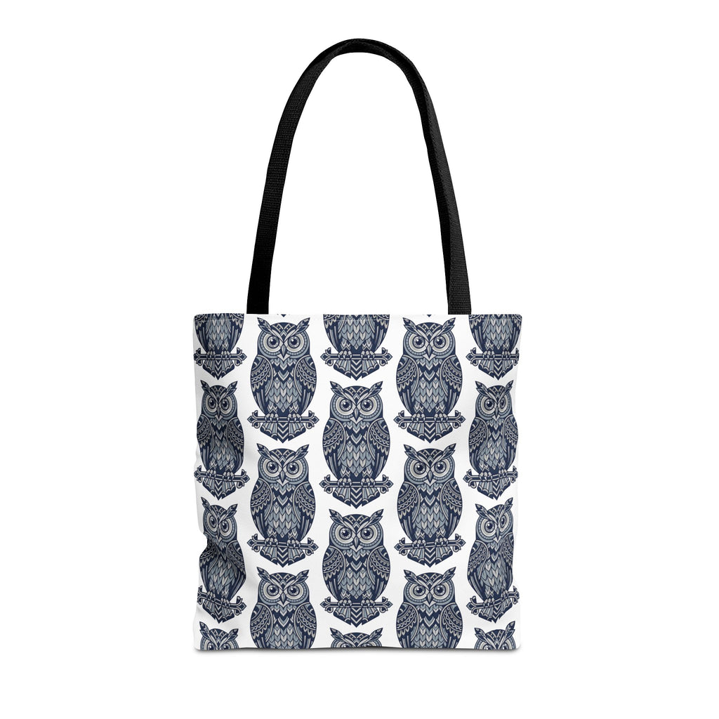Navy owl tote bag with dark top handles and repeating blue owl face pattern
