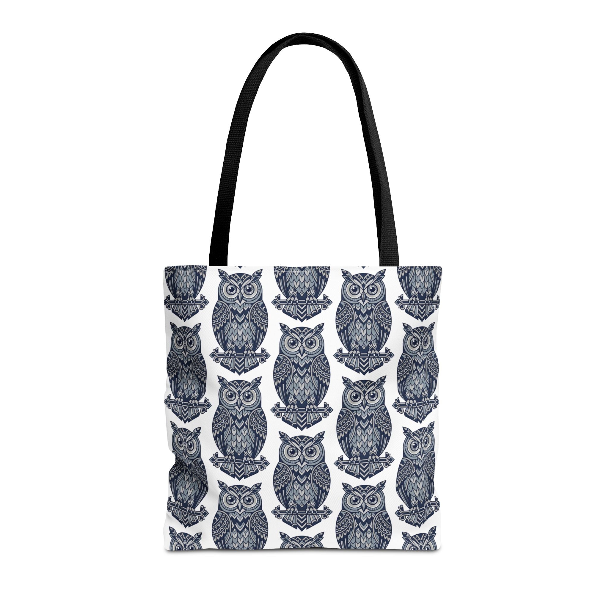 Navy owl tote bag with dark top handles and repeating blue owl face pattern