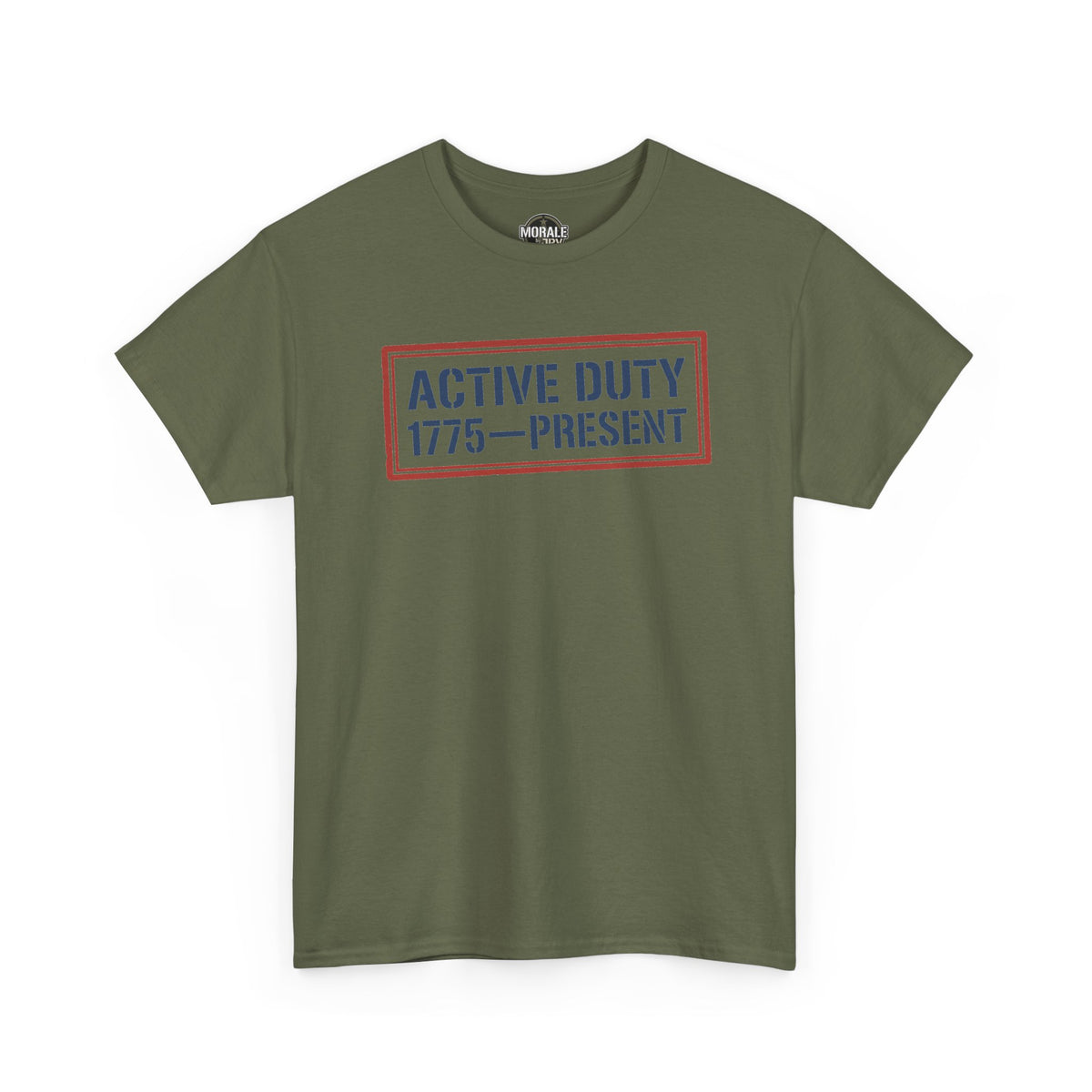 Military green crew-neck graphic T-shirt with “ACTIVE DUTY 1775-PRESENT” print