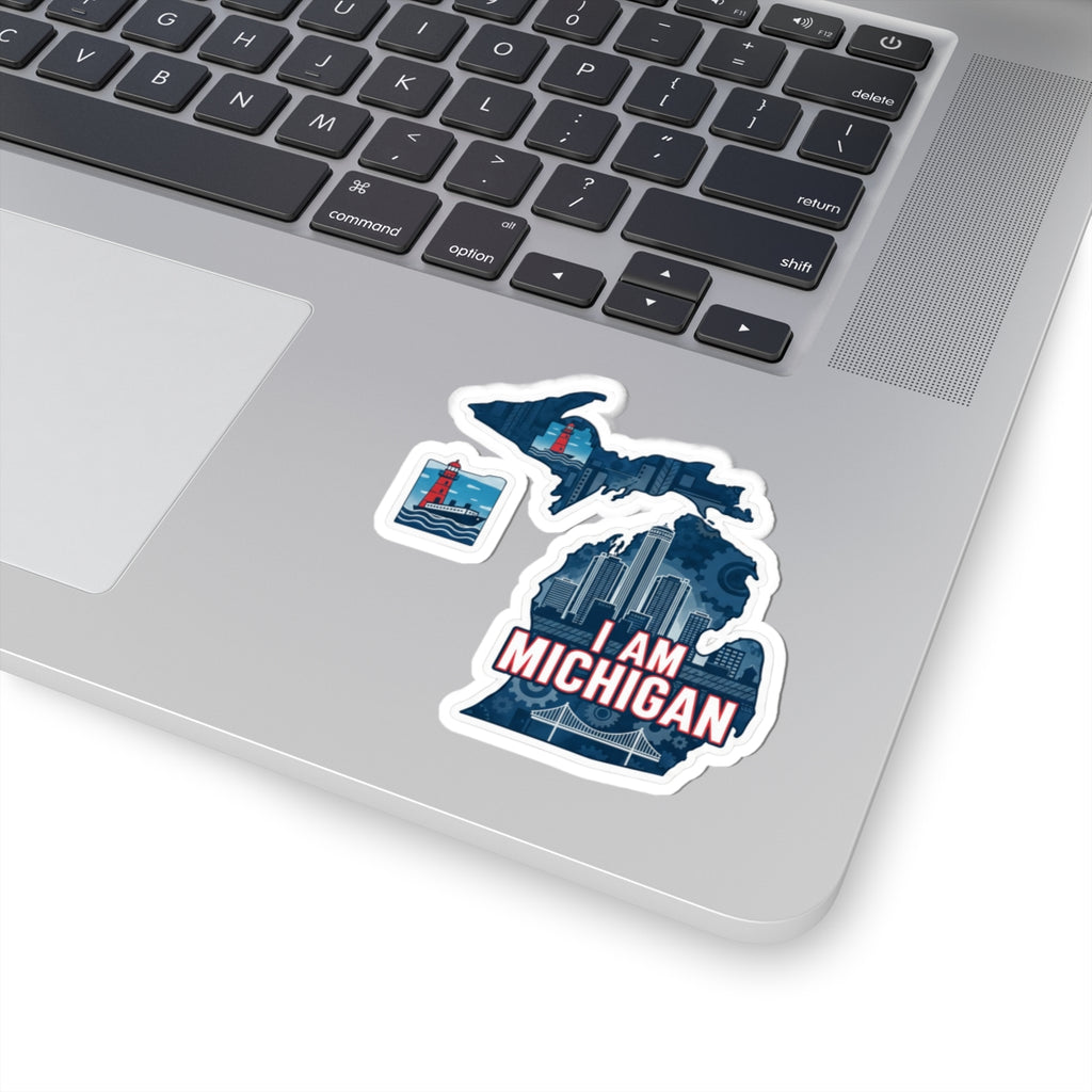 I Am Michigan sticker set: blue map and small lighthouse icon, “I AM MICHIGAN”