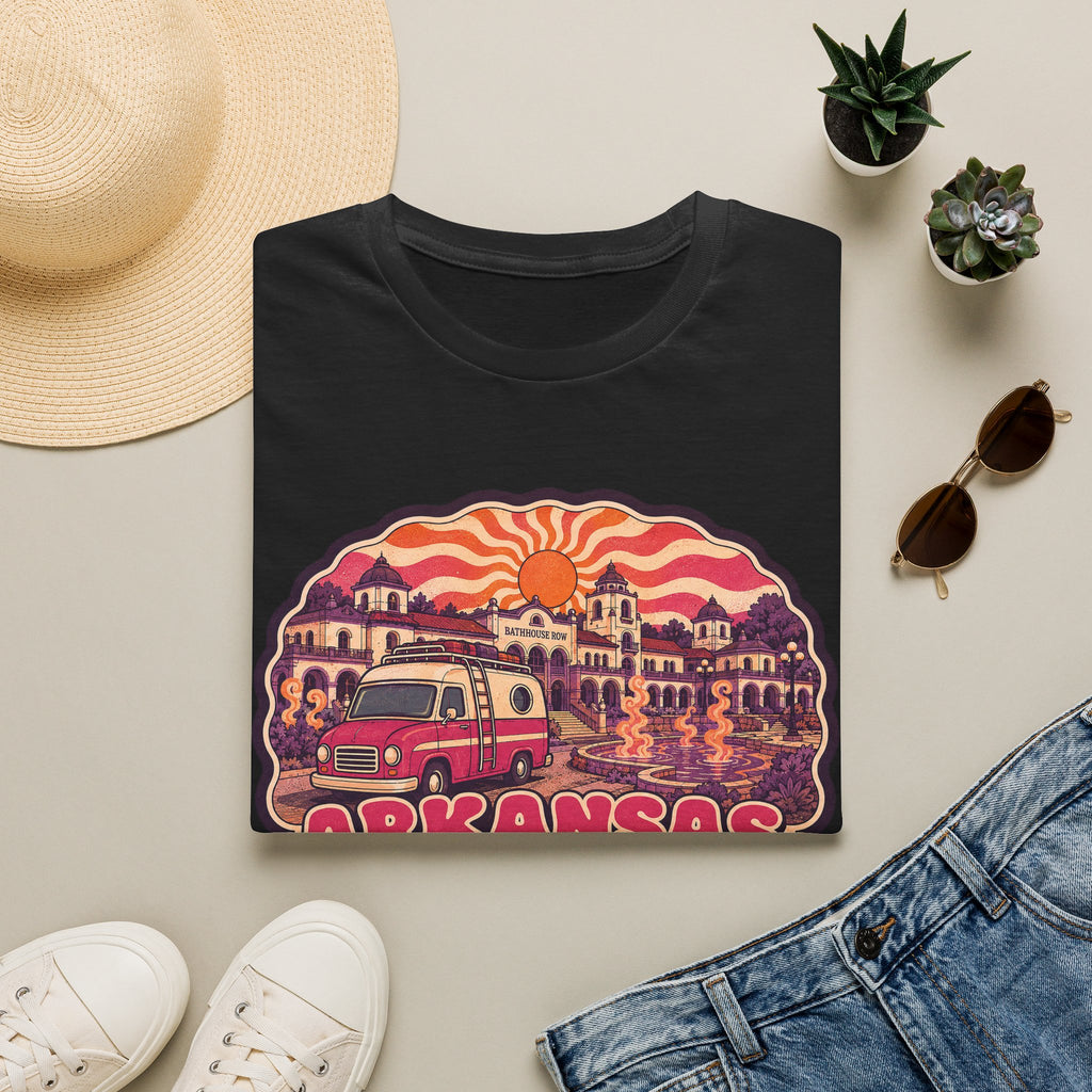 Black unisex T-shirt with retro camper and sunset graphic print on the chest.