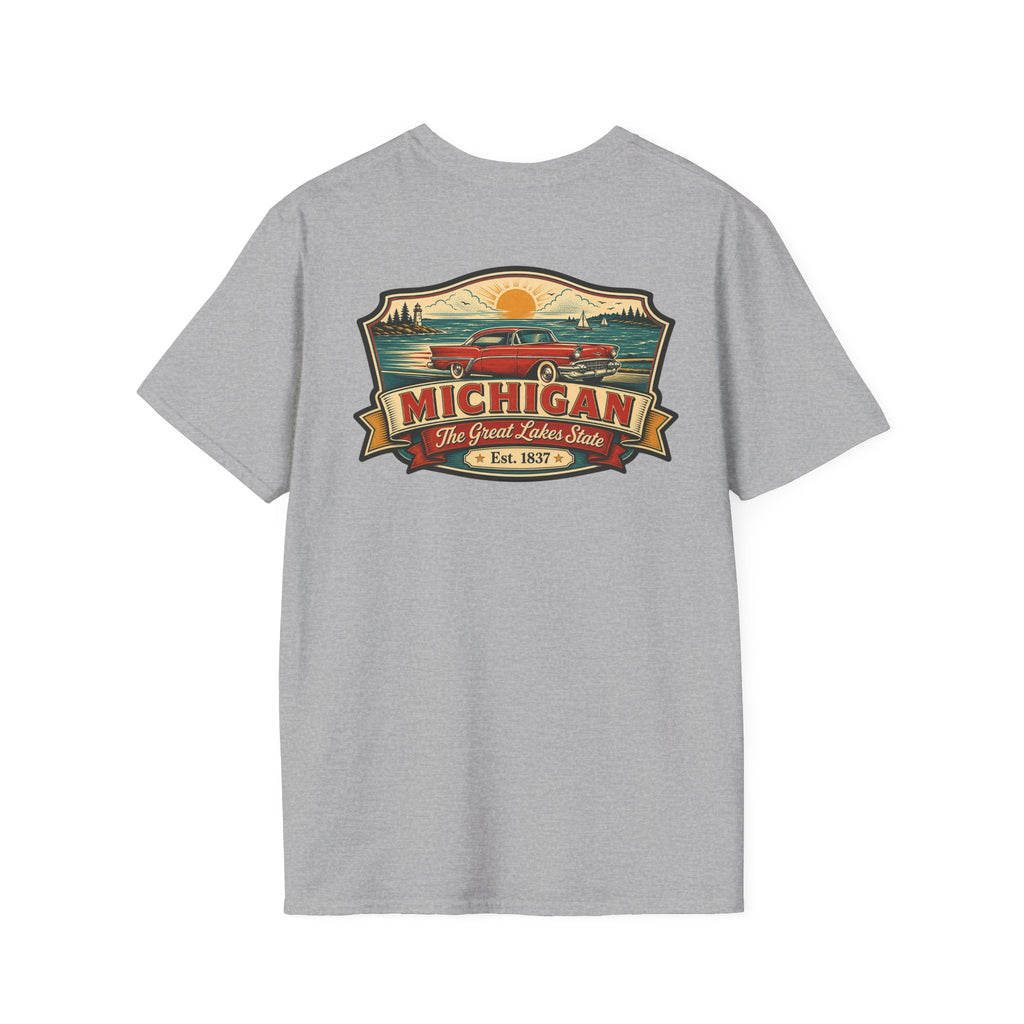 Light gray T-shirt with Michigan emblem and red car graphic on front