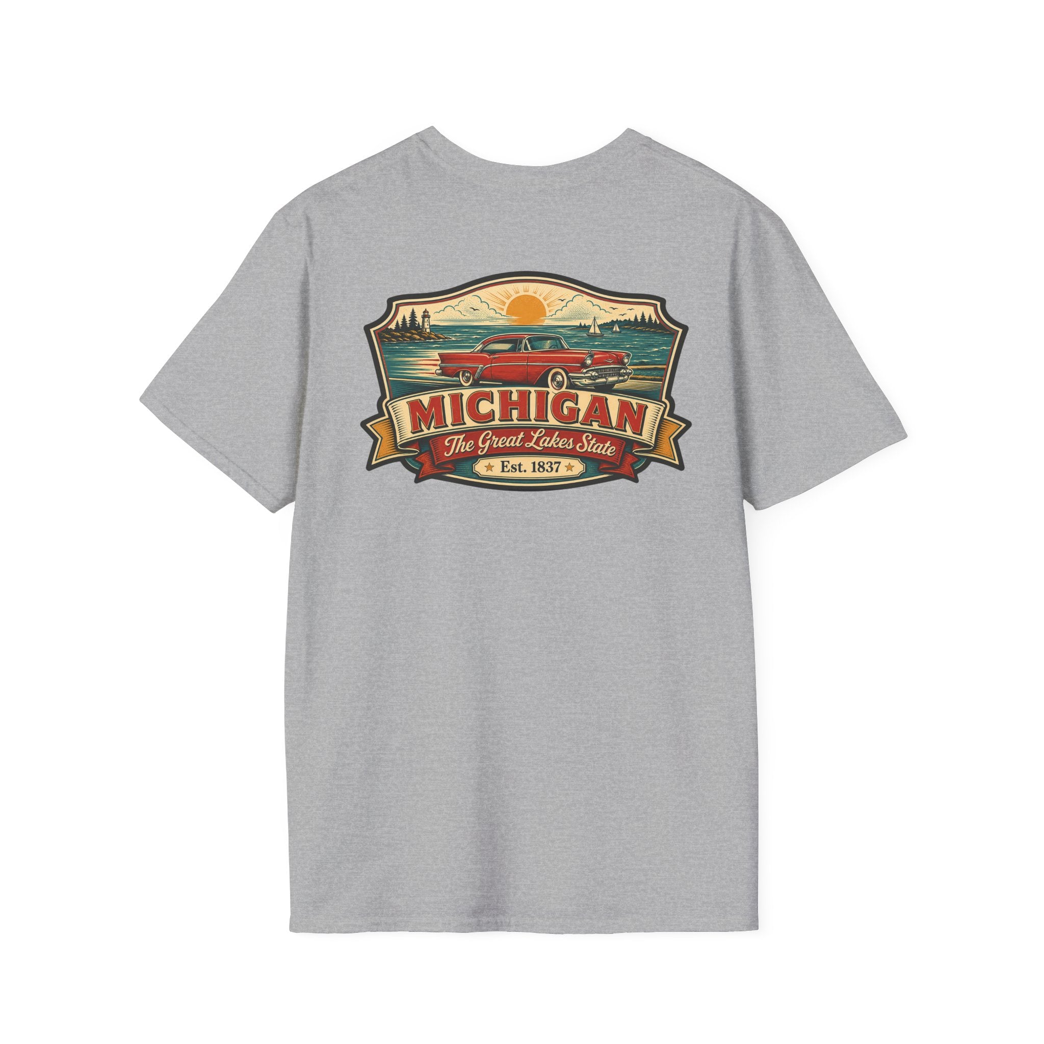 Light gray T-shirt with Michigan emblem and red car graphic on front