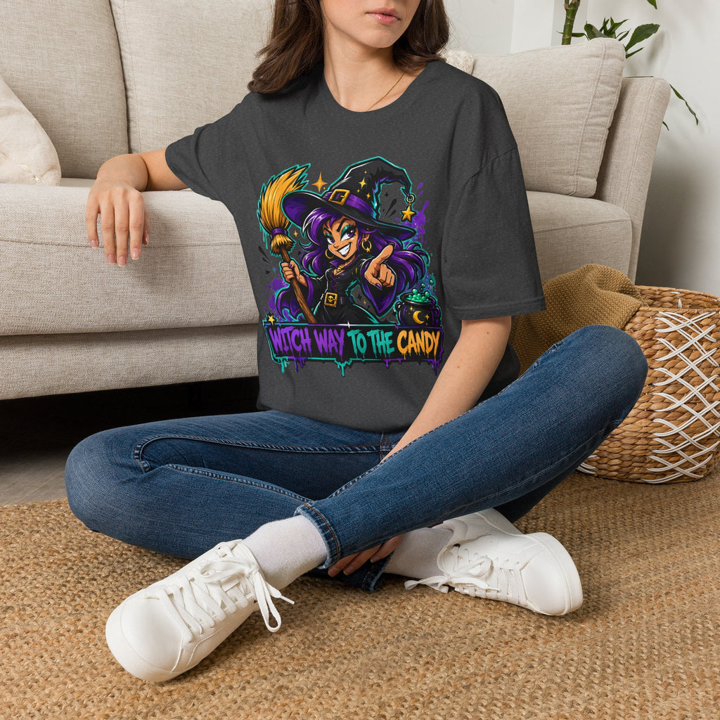 Dark gray crewneck T-shirt with colorful witch-candy front graphic.