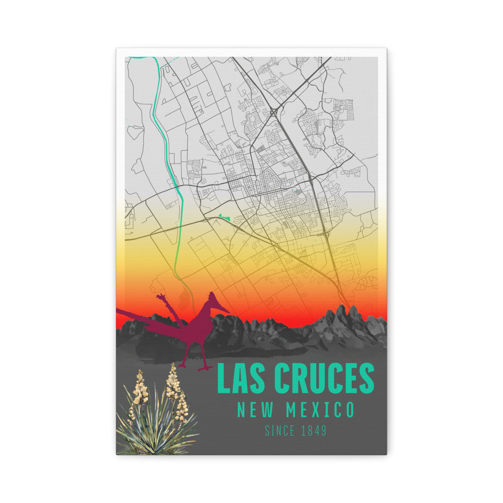 Las Cruces map matte canvas with sunset gradient, desert plants, and 'Las Cruces' lettering