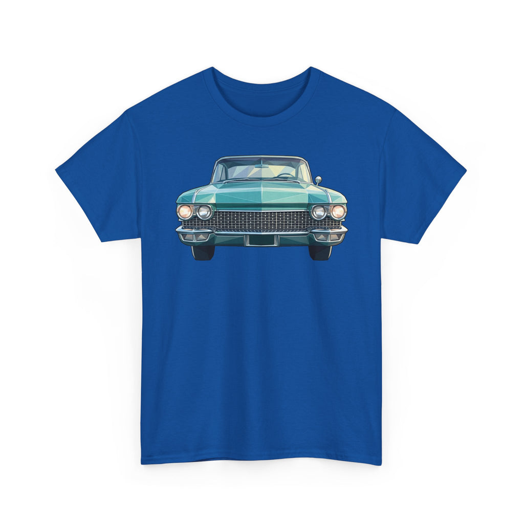 Blue crew neck T-shirt with teal vintage car graphic, chest-center