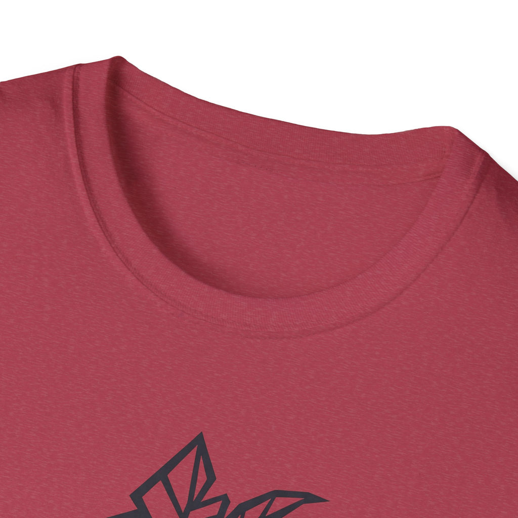 Maroon T-shirt close-up of crew neck with partial geometric tree and moon graphic