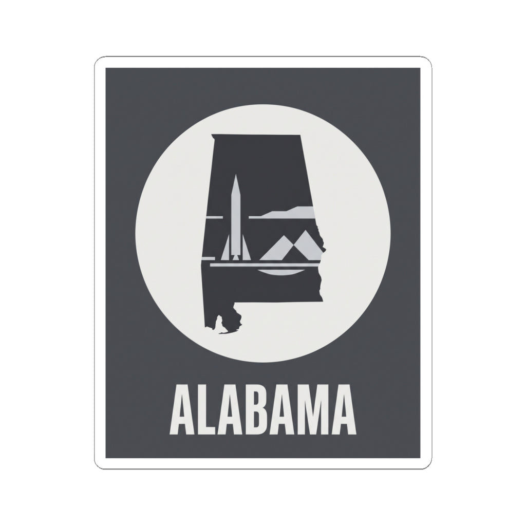 Alabama monument outline decal sticker in square frame with white circle and “ALABAMA” text