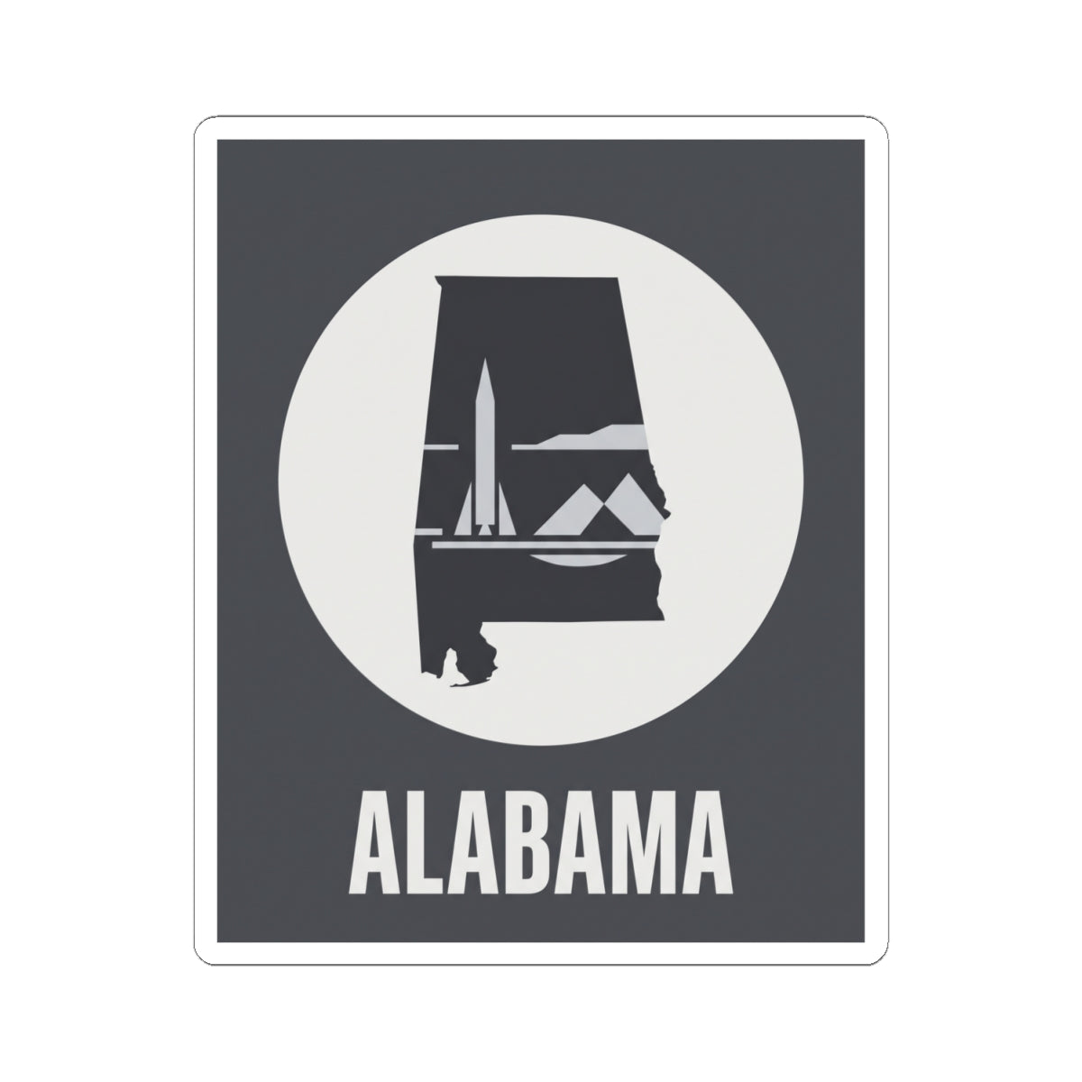 Alabama monument outline decal sticker in square frame with white circle and “ALABAMA” text