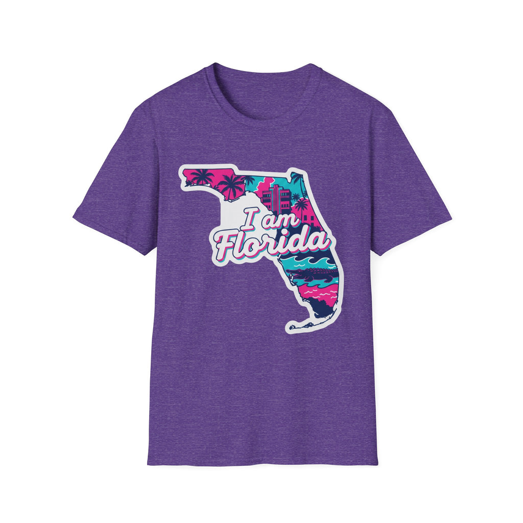 Florida T-Shirt „I am Florida“ Retro-Karte mit Palmen, Heather Purple