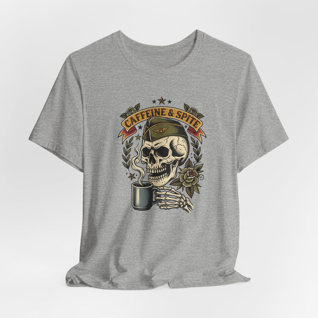 Heather gray skull graphic t-shirt front with coffee mug and roses design