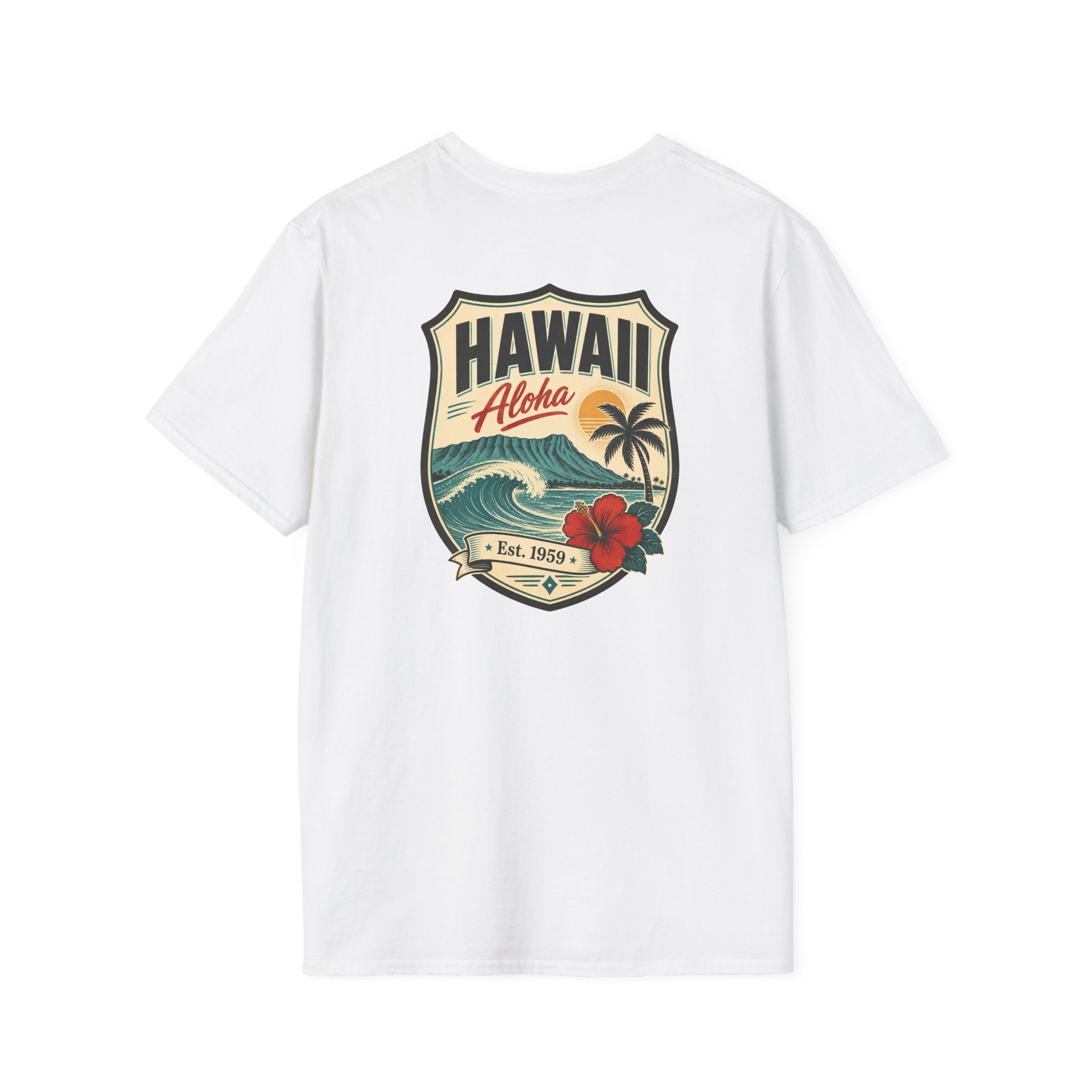 Hawaii badge graphic T-shirt, white, short-sleeve crew neck