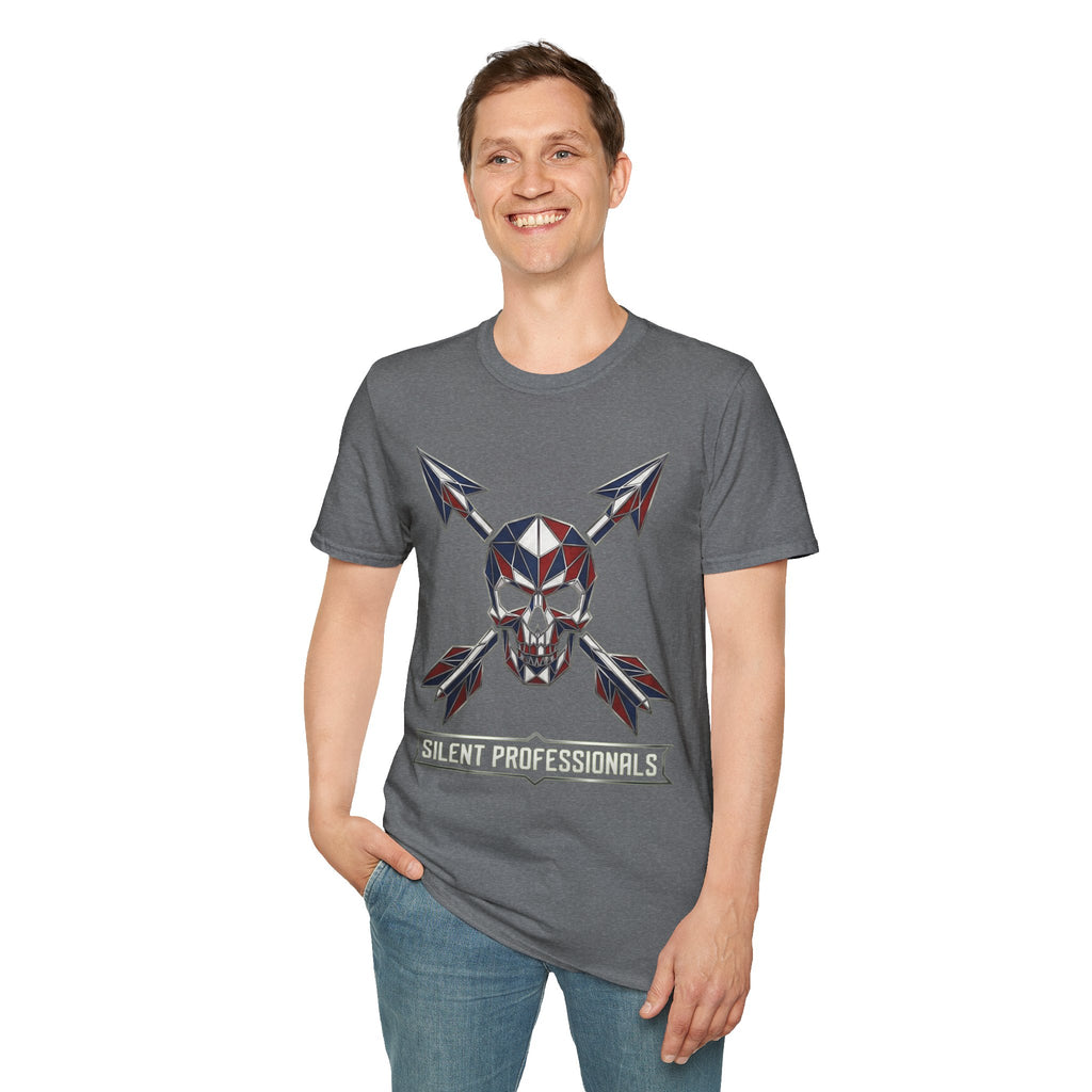 Heather gray T-shirt with geometric skull and crossed arrow graphic