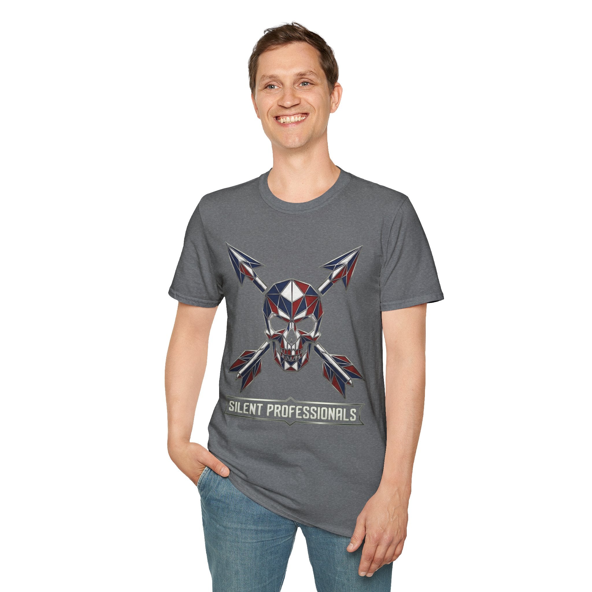 Heather gray T-shirt with geometric skull and crossed arrow graphic