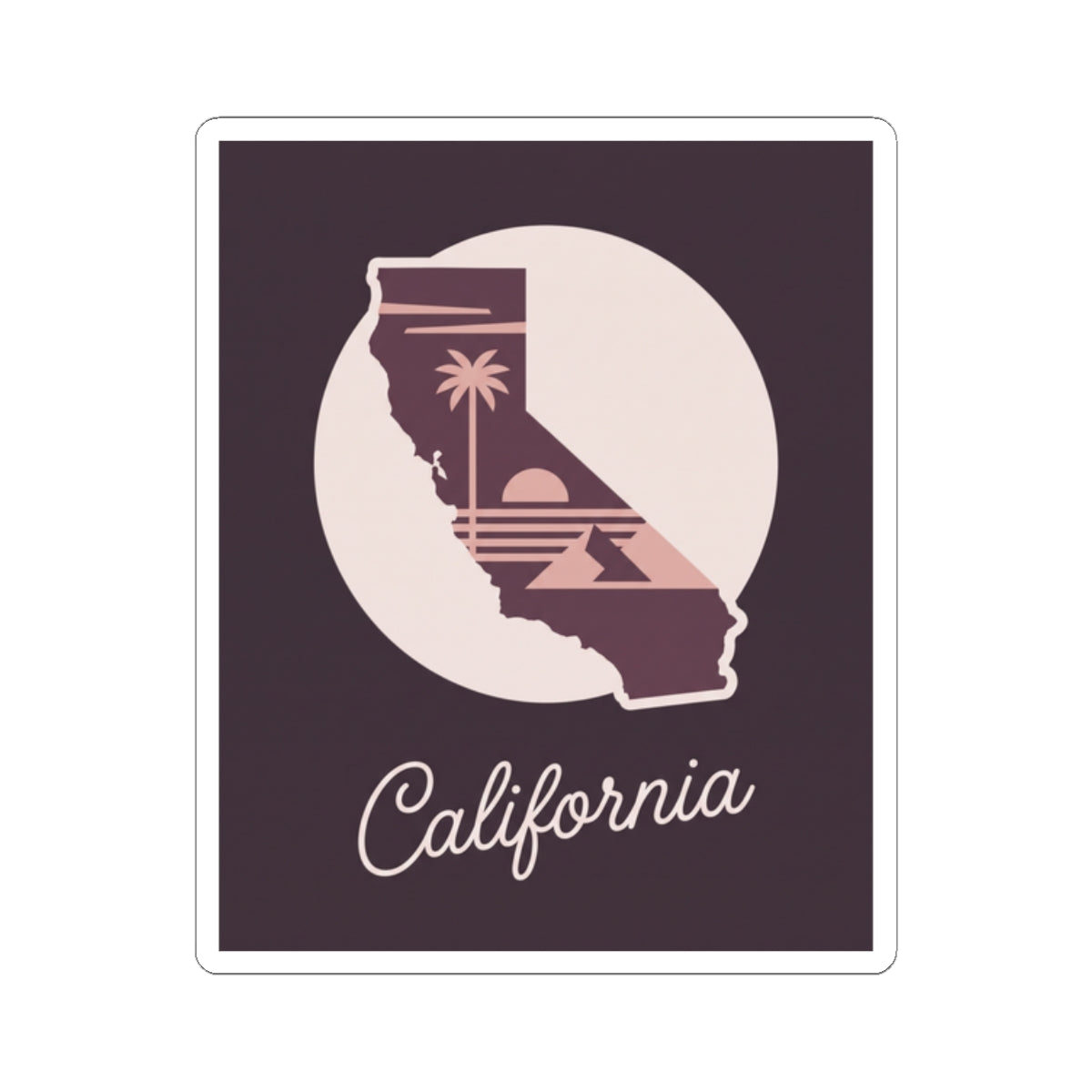 California silhouette vinyl sticker with “California” script and mauve interior design on dark background