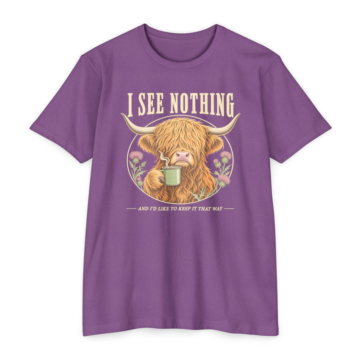 Purple short-sleeve graphic T-shirt with Highland cow holding a coffee mug