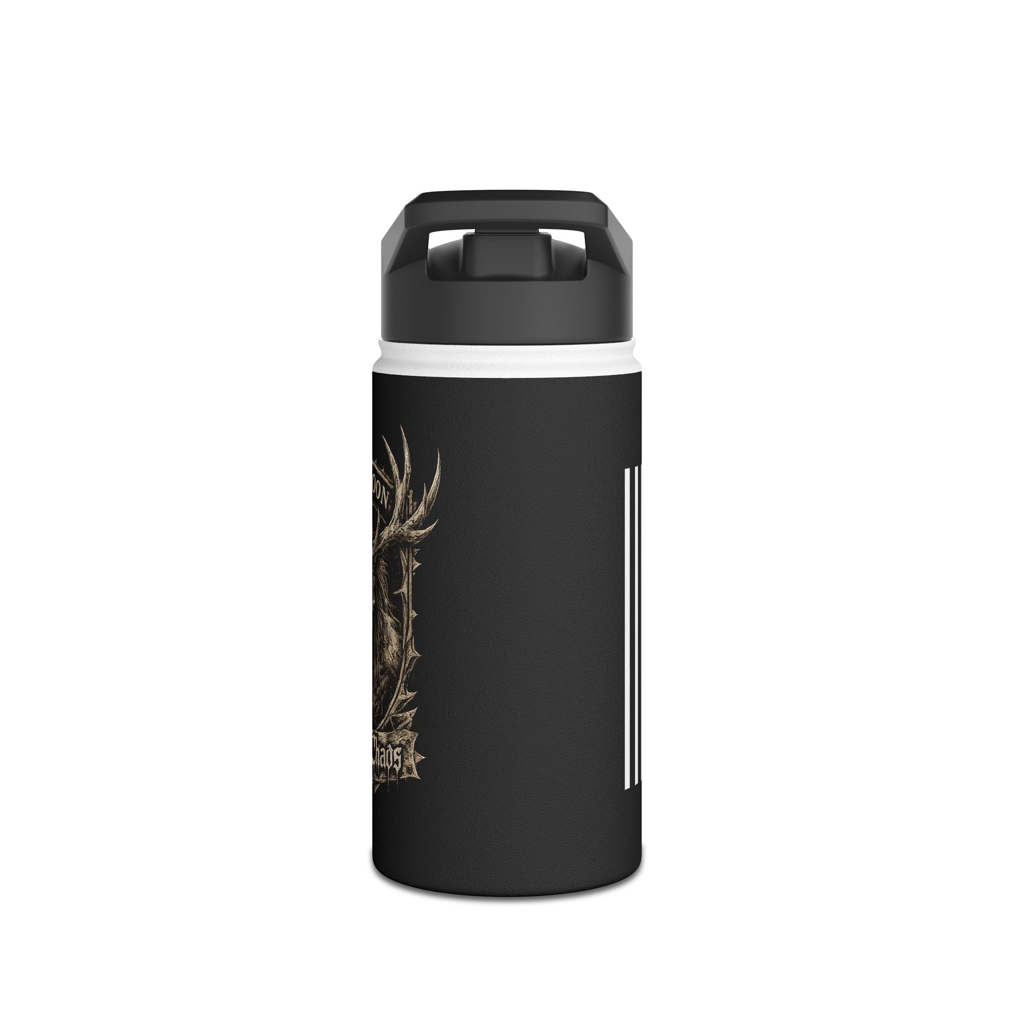 Black stainless steel tumbler with flip lid, antler graphic, and vertical stripe
